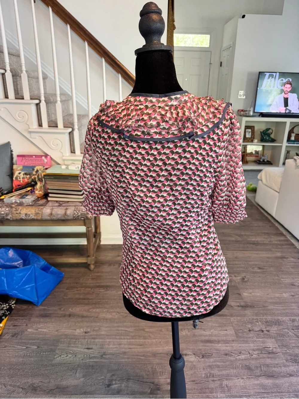 Odille Pink Geometric Ruffle-Trim Blouse - Picture 9 of 9